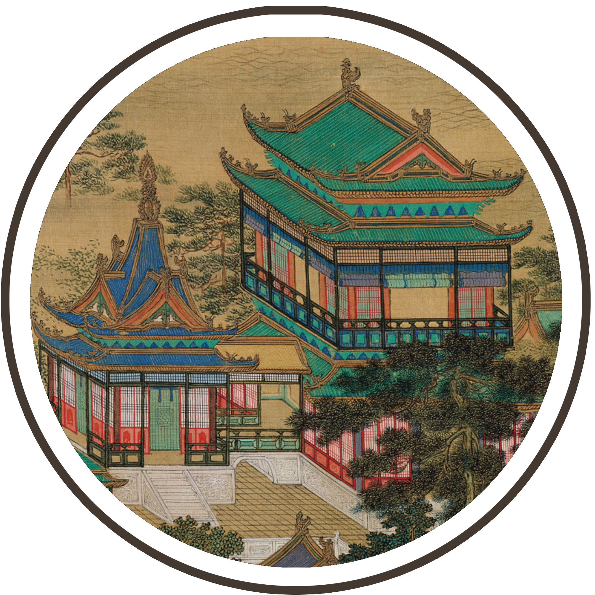 Intricate pavilions and trees in a Chinese painting